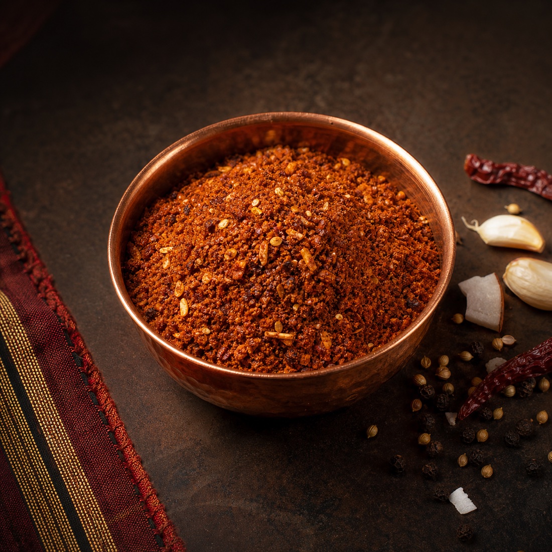 Kolhapuri Kanda Lasun Masala in a small hammered copper bowl
