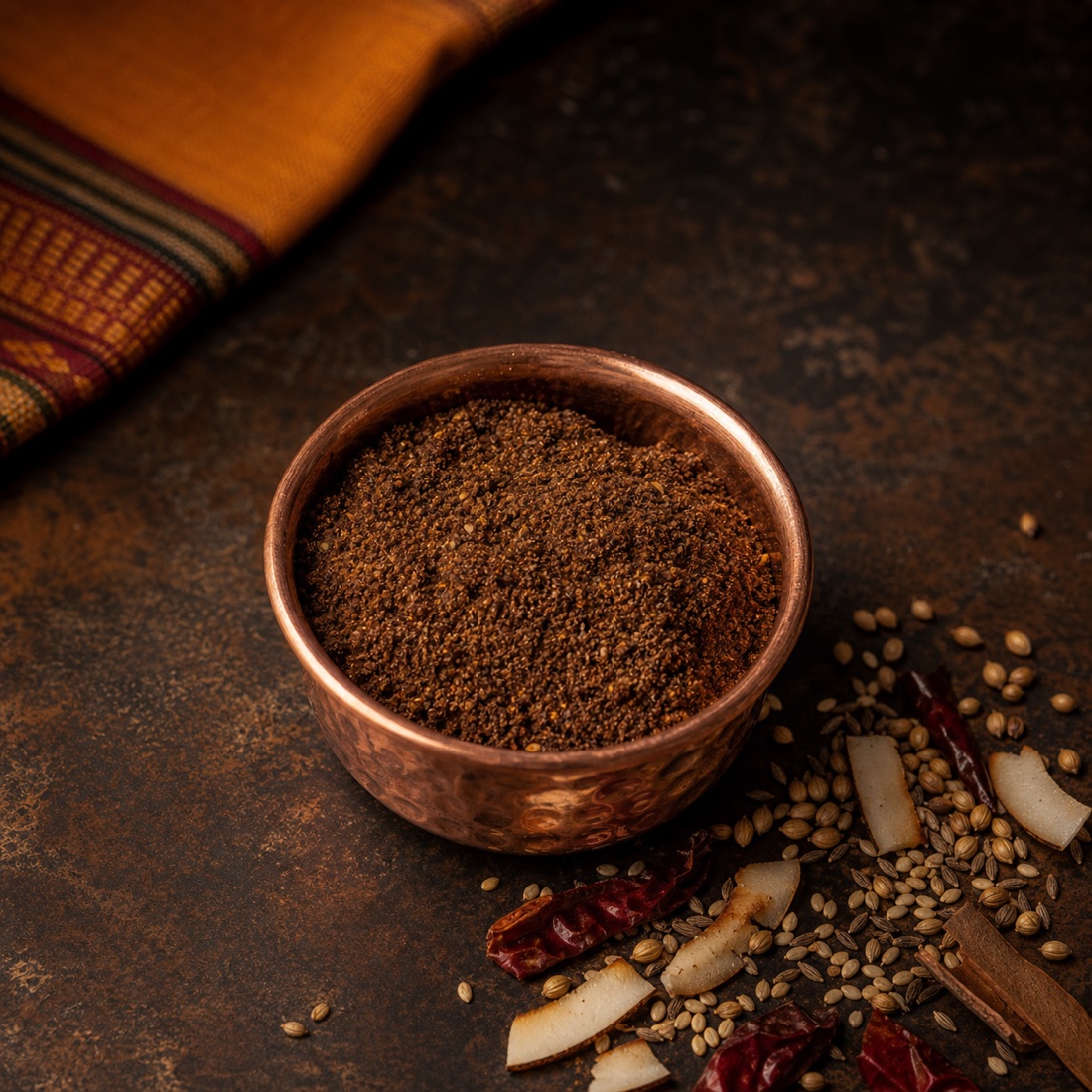 Solapuri Kala Masala in a small hammered copper bowl